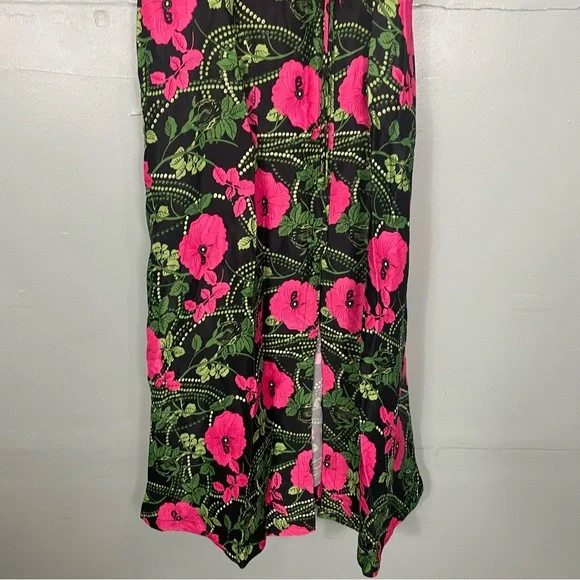 Anthropologie Maeve Ruched Midi Dress Floral Black Pink Slit Women Sz 14 - Picture 5 of 10
